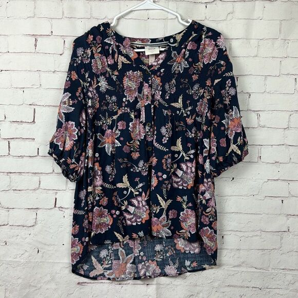 Knox Rose Blouse Shirt Top Womens Floral Button Up Rayon Large Navy Blue Pink - Picture 1 of 10